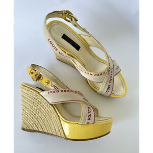 Louis Vuitton Logo Wedge Sandals Heels Espadrilles Cream w Yellow Patent EU 37